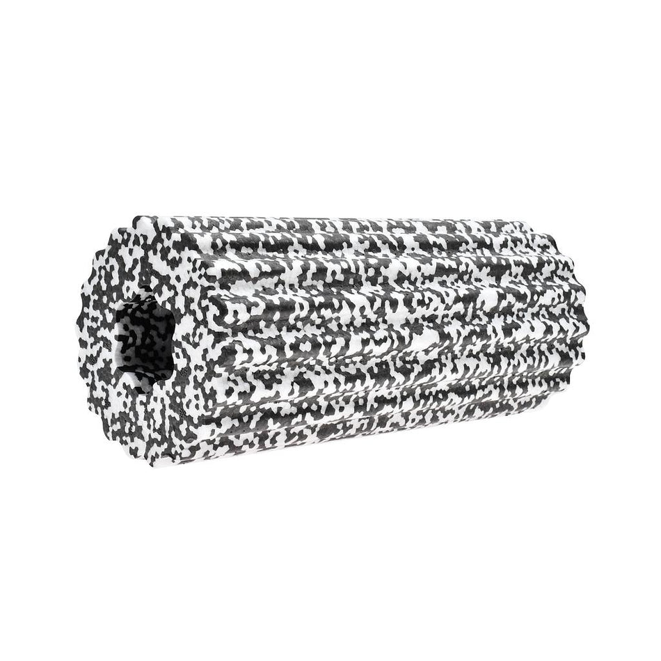 The Urban Fitness Foam Massage Roller by Urban Fitness features a black and white speckled, ridged high-density foam design with a hollow center, ideal for deep tissue relief, muscle massage, and effective recovery.