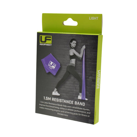 A green and black Urban Fitness box labeled "Urban Fitness Resistance Band 1.5m" shows a woman using a purple band. The packaging highlights its light latex, ideal for recovery, fitness, and strength training.