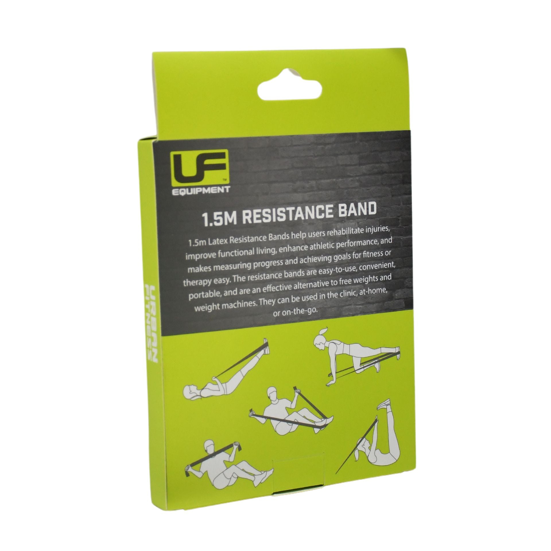 A green and black box labeled Urban Fitness Resistance Band 1.5m by Urban Fitness, featuring usage details and illustrations of various strength training exercises on the lower section of the packaging.