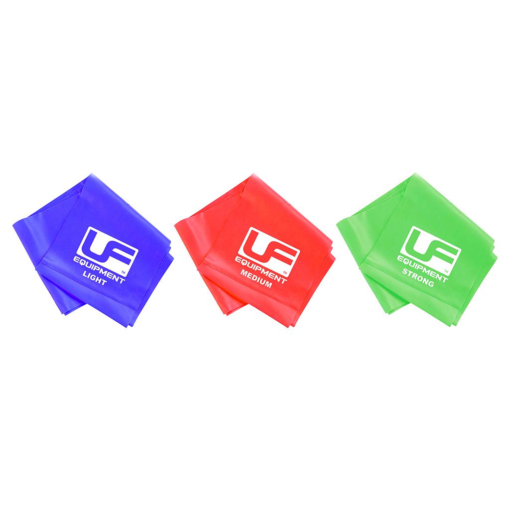 Three Urban Fitness Resistance Band 1.5m bands—blue (LIGHT), red (MEDIUM), green (STRONG)—folded and laid out in a row, each with the Urban Fitness logo, perfect for strength training or recovery routines.