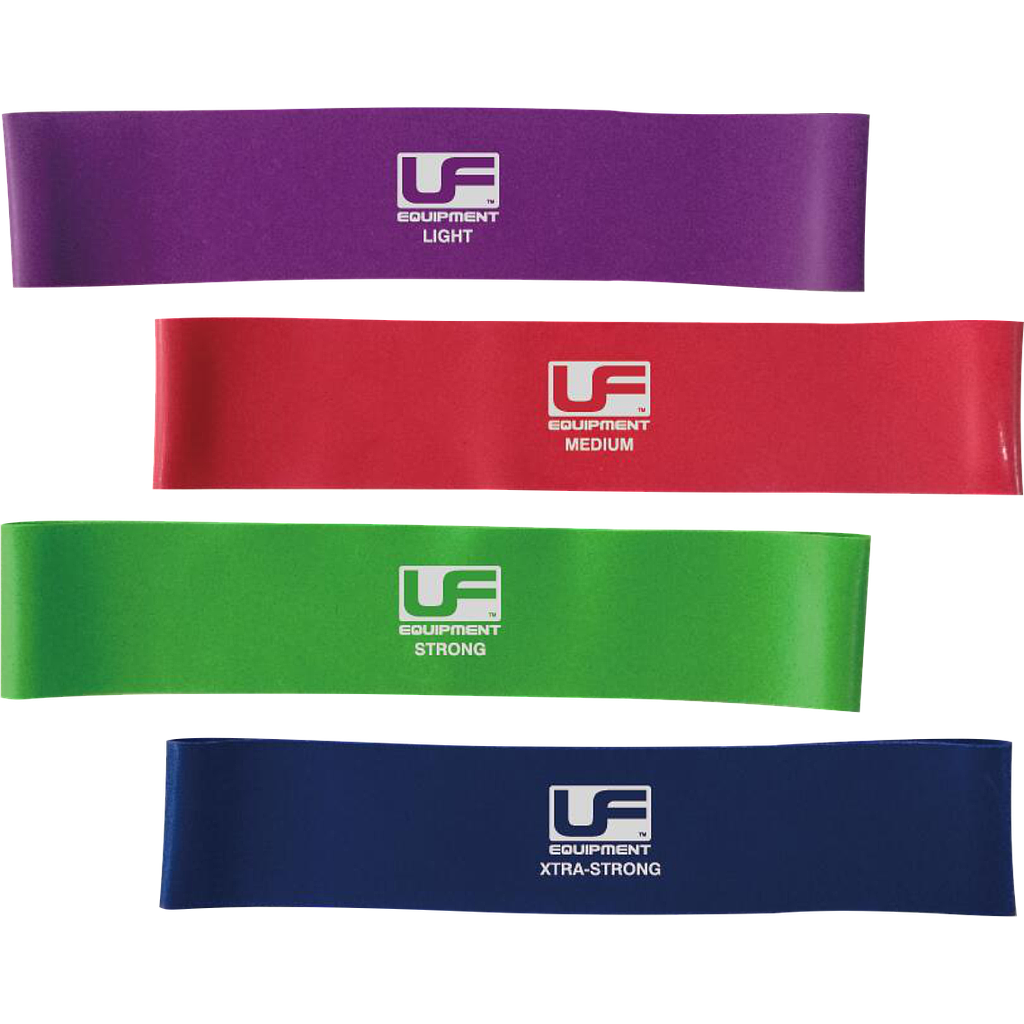 Urban Fitness Resistance Band Loop 12 Inch set includes four natural latex bands—purple (light), red (medium), green (strong), blue (xtra-strong)—each labeled with resistance level and “UF Equipment,” ideal for all workout intensities.