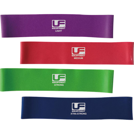 Urban Fitness Resistance Band Loop 12 Inch set includes four natural latex bands—purple (light), red (medium), green (strong), blue (xtra-strong)—each labeled with resistance level and “UF Equipment,” ideal for all workout intensities.