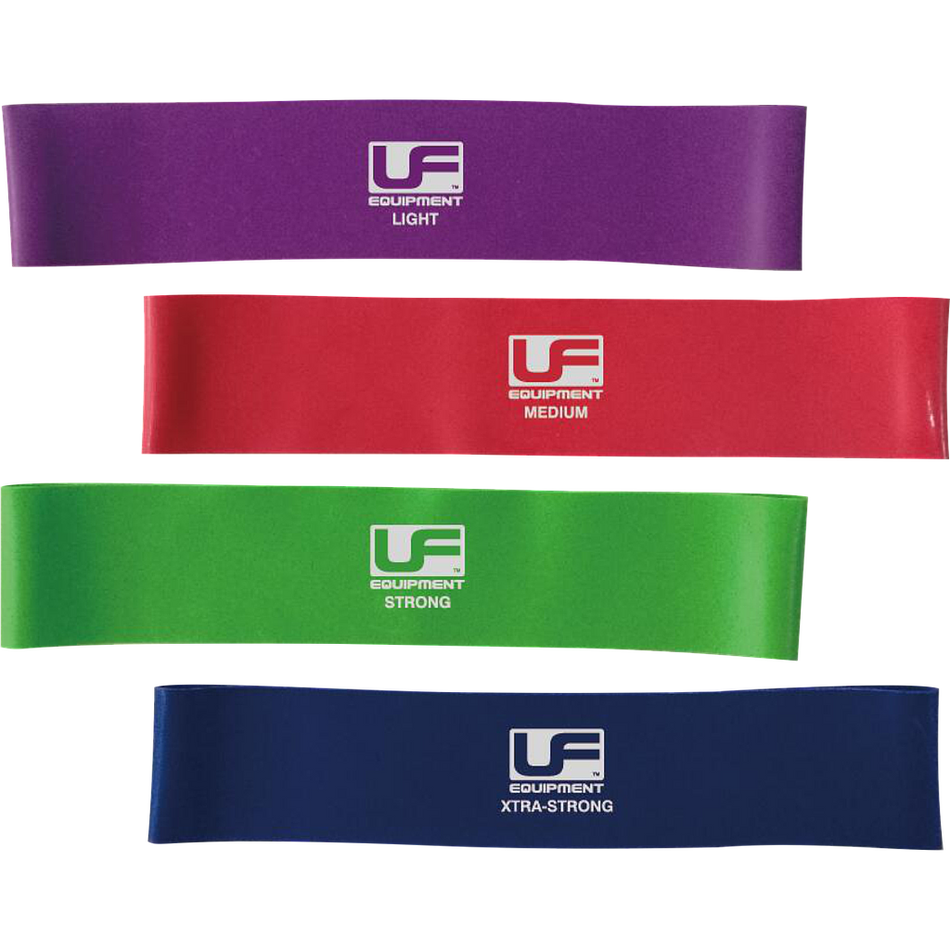 Urban Fitness Resistance Band Loop 12 Inch set includes four natural latex bands—purple (light), red (medium), green (strong), blue (xtra-strong)—each labeled with resistance level and “UF Equipment,” ideal for all workout intensities.