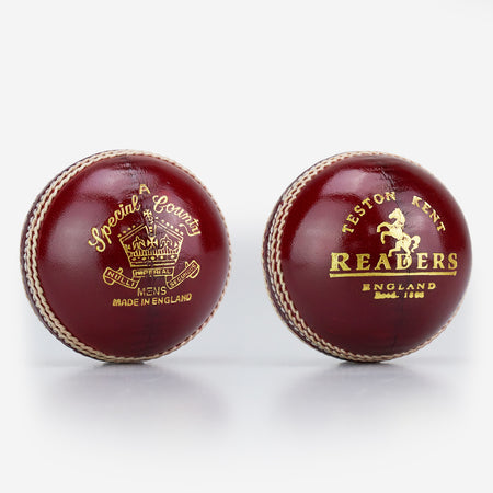 Two Readers Special County Imperial Crown cricket balls in brown leather with gold embossed logos, white stitching, and a glossy finish—ideal for Premier League cricket—are shown against a white background.