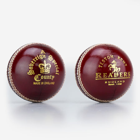 Two dark red Readers Sovereign A cricket balls, Grade A English alum-tanned leather with white hand stitching and gold embossed text: "Sovereign Special County" and "Readers, Foston Kent, England.