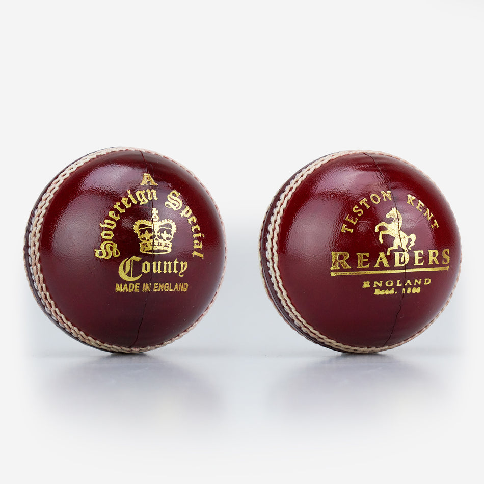 Two dark red Readers Sovereign A cricket balls, Grade A English alum-tanned leather with white hand stitching and gold embossed text: "Sovereign Special County" and "Readers, Foston Kent, England.