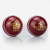 Two red Readers Regal Crown Cricket Balls, crafted from alum tanned leather with white hand-stitched seams and gold crown logos, are shown on a white background.