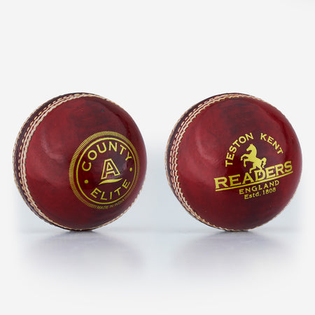 The Readers County Elite Cricket Ball by Readers features red leather with white stitching and gold COUNTY ELITE branding—ideal for both junior and senior practice matches.