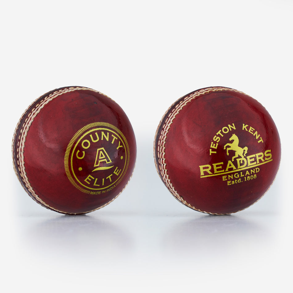 The Readers County Elite Cricket Ball by Readers features red leather with white stitching and gold COUNTY ELITE branding—ideal for both junior and senior practice matches.