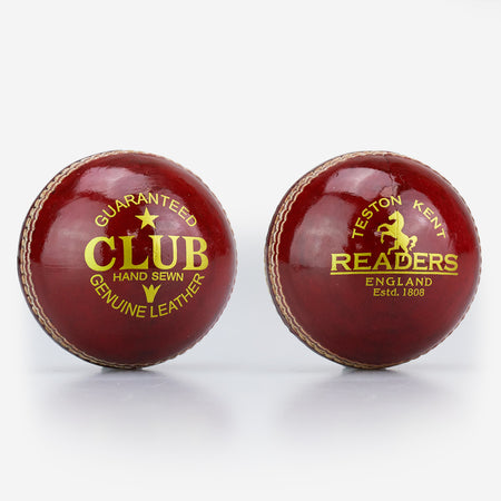 Two red leather cricket balls with gold text: the left is the Readers Club Cricket Ball by Readers, marked CLUB, Guaranteed, Hand Sewn, Genuine Leather; the right shows READERS, Teston Kent, England, Estd. 1808 and a horse logo.