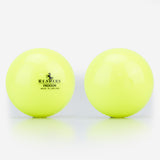 Two yellow Readers Indoor 4oz Cricket Balls are side by side on a white surface. The left ball shows the Readers logo, highlighting it as a lightweight plastic option from Readers for coaching or indoor cricket play.