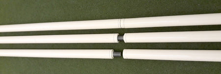 Two-Part Legs for Bola Professional Bowling Machine by Bola shown: three white rods on a green surface—top rod intact, two below separated at the center to display screw joints unique to the two-part design.