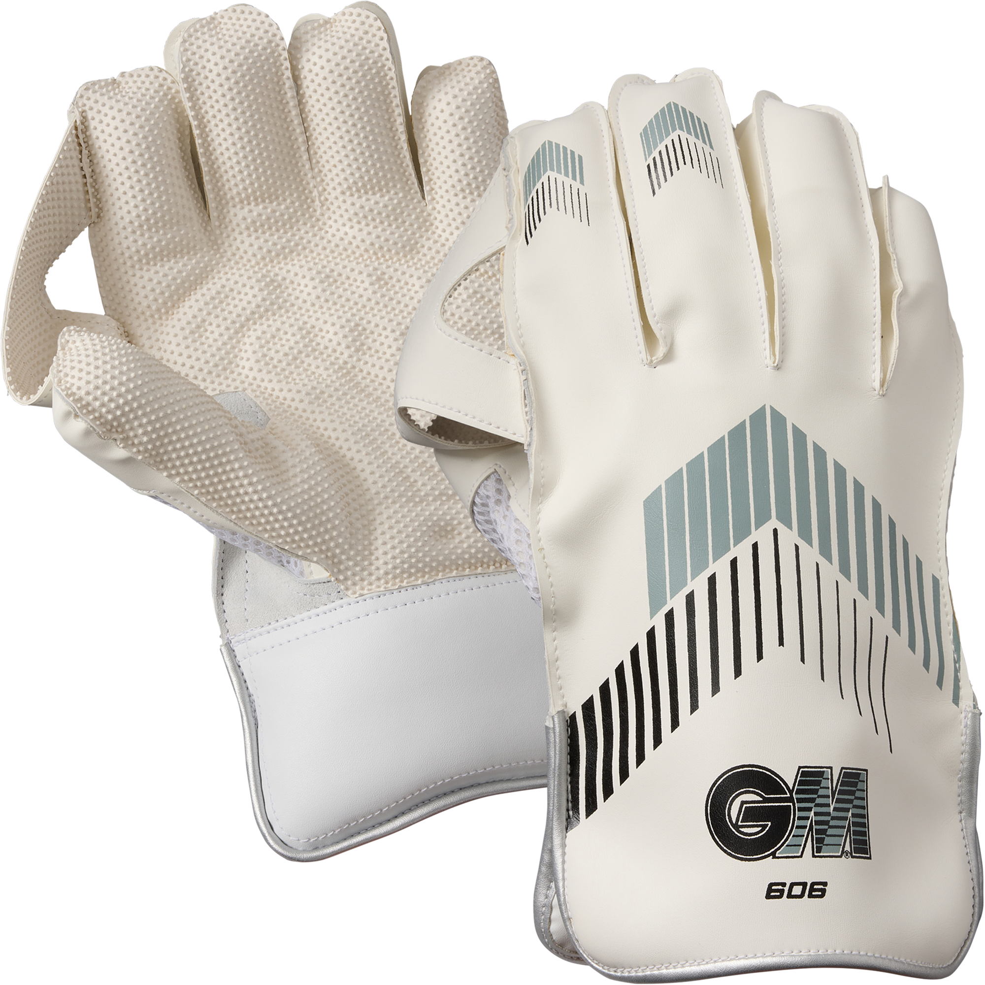 A pair of Gunn & Moore 606 Wicket Keeping Gloves 2026 in white with light blue and black accents, GM logo on the wrist, and a pimple rubber palm for extra grip; both palm and back sides are shown.