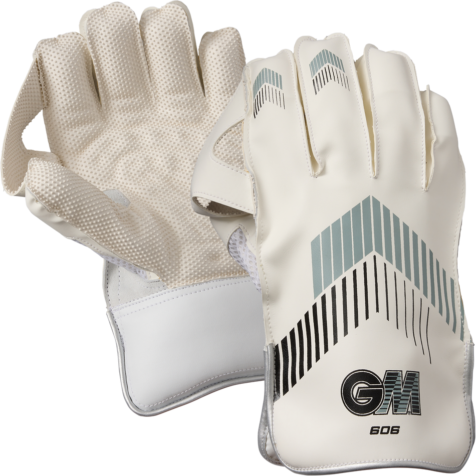 A pair of Gunn & Moore 606 Wicket Keeping Gloves 2026 in white with light blue and black accents, GM logo on the wrist, and a pimple rubber palm for extra grip; both palm and back sides are shown.