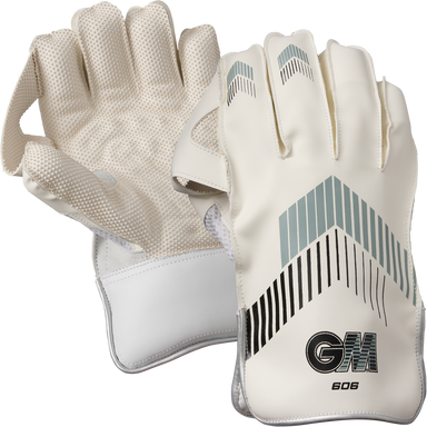 A pair of Gunn & Moore 606 Wicket Keeping Gloves 2026 in white with light blue and black accents, GM logo on the wrist, and a pimple rubber palm for extra grip; both palm and back sides are shown.