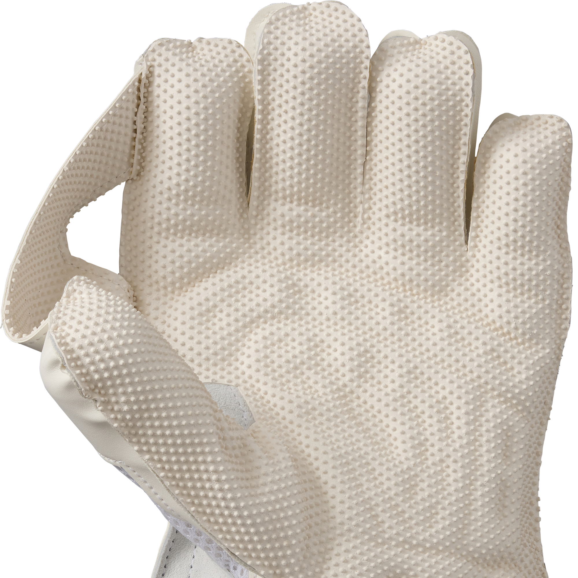 A close-up of the Gunn & Moore 606 Wicket Keeping Gloves 2026 by Gunn & Moore, featuring a beige pimple rubber palm with a dotted texture, palm side visible, and part of the thumb bent inward.