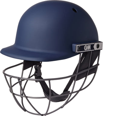 The Gunn & Moore Maestro Edge Cricket Helmet in navy features a metal face guard, adjustable chin strap, breathable design, and GM logo for superior head and impact protection during cricket games.