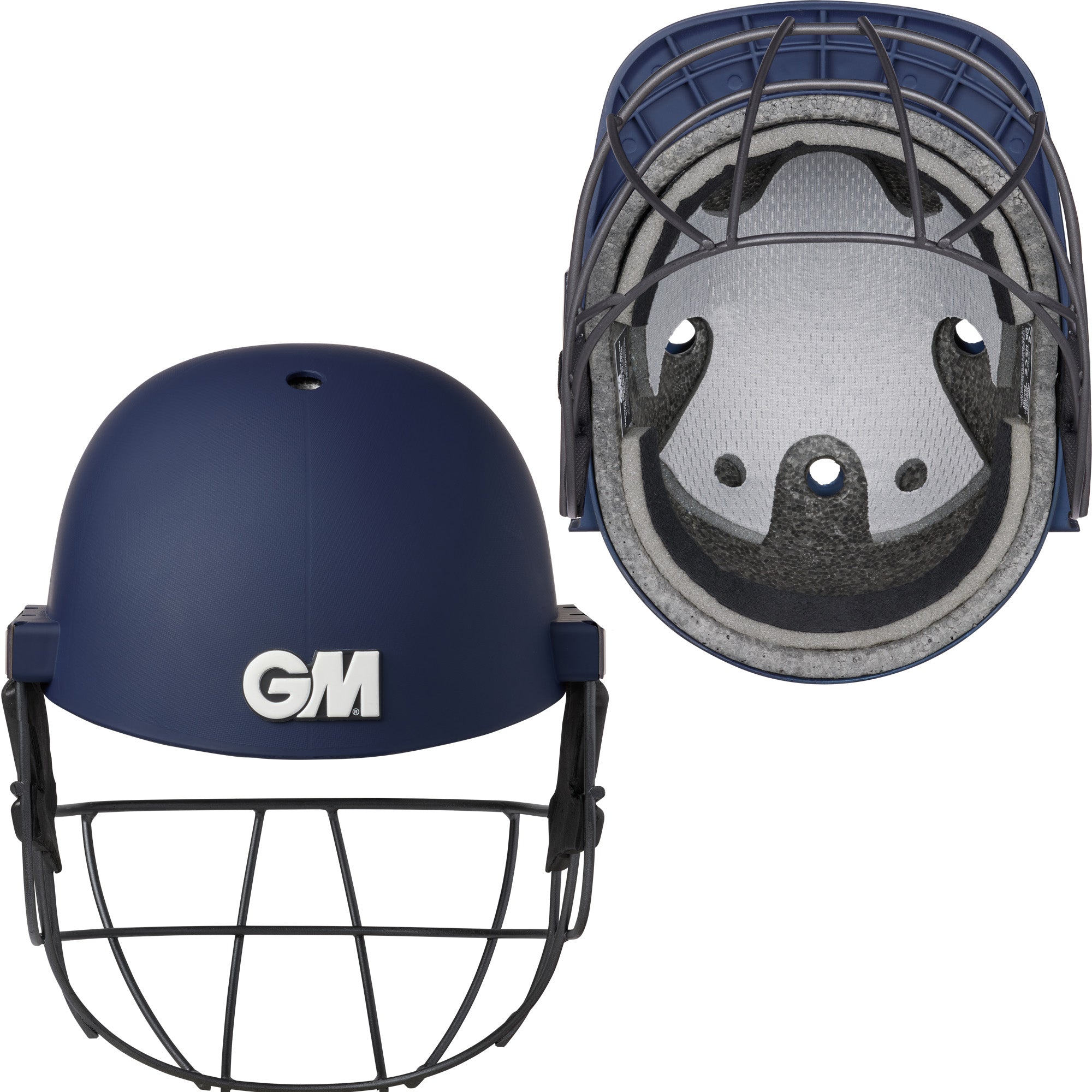 Two views of the Gunn & Moore Maestro Edge Cricket Helmet in navy blue with a metal face guard and GM logo—one shows the breathable front, while the other highlights its interior padding and impact protection.