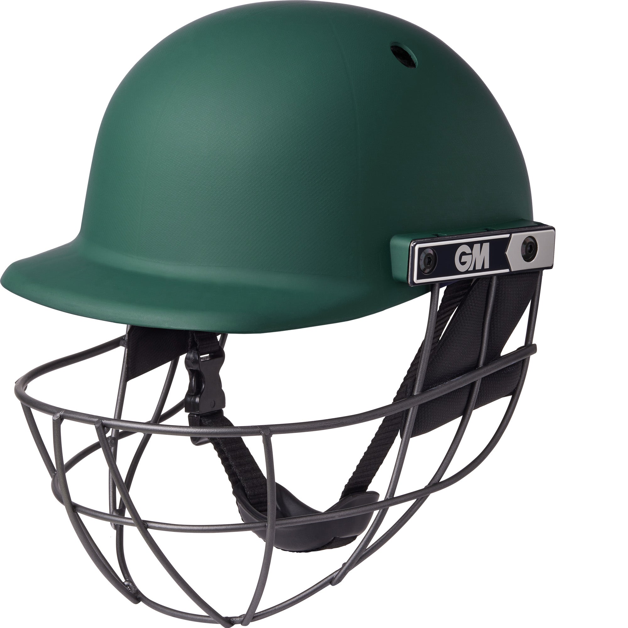 The Gunn & Moore Maestro Edge Cricket Helmet in green features impact protection, a metal face guard, adjustable chin strap, and Gunn & Moore branding.