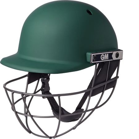 The Gunn & Moore Maestro Edge Cricket Helmet in green features impact protection, a metal face guard, adjustable chin strap, and Gunn & Moore branding.