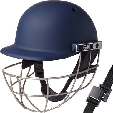 The Gunn & Moore Maestro Edge Ti Cricket Helmet in navy features a metallic grille, black chin strap, and GM logo—an elite choice for head protection with robust design and titanium face guard from Gunn & Moore.