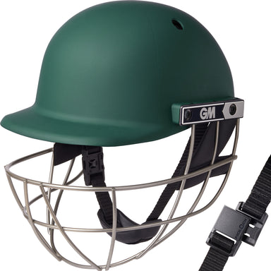 The Gunn & Moore Maestro Edge Ti Cricket Helmet is a green helmet featuring a metal faceguard, adjustable black chin strap, and the GM logo, offering elite protection, sturdy design, and comfort for cricket players.