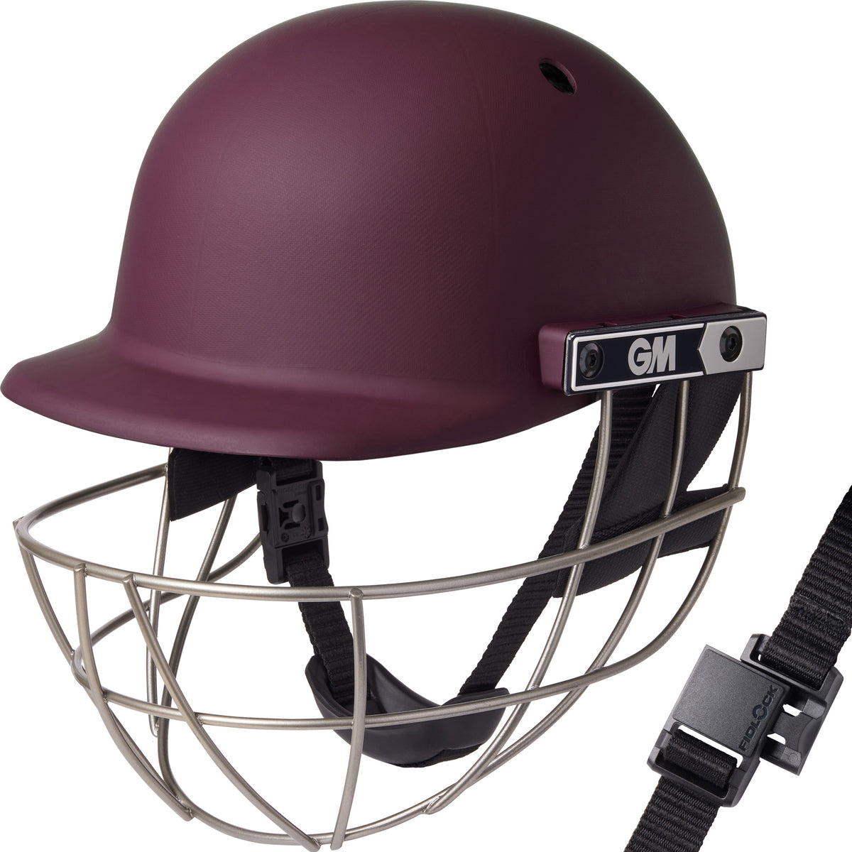 The Gunn & Moore Maestro Edge Ti Cricket Helmet in maroon features a metallic face guard, adjustable black chin strap, and iconic GM branding, providing elite protection and style for cricket players.