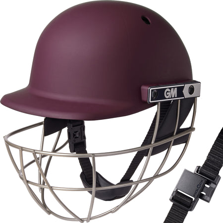 The Gunn & Moore Maestro Edge Ti Cricket Helmet in maroon features a metallic face guard, adjustable black chin strap, and iconic GM branding, providing elite protection and style for cricket players.