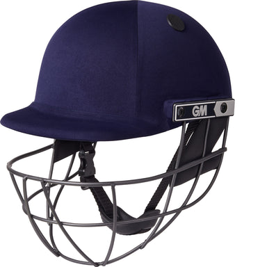 The Gunn & Moore Maestro Cricket Helmet in navy features a high-strength steel grille for impact resistance, an adjustable chin strap, and displays the GM logo on the side.