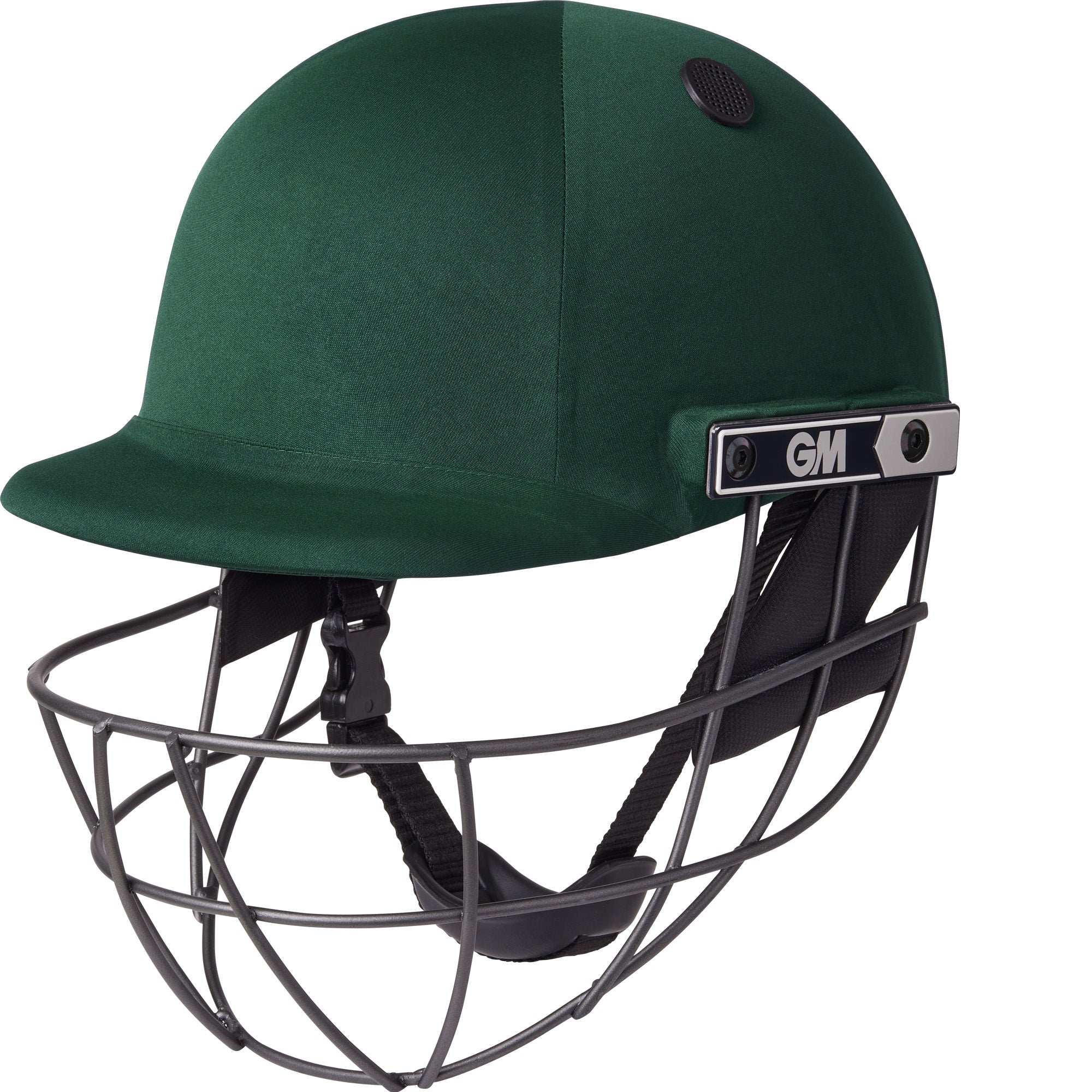 The Gunn & Moore Maestro Cricket Helmet in green features high-impact protection, a protective metal face guard, an adjustable chin strap, and displays the GM logo on the side.