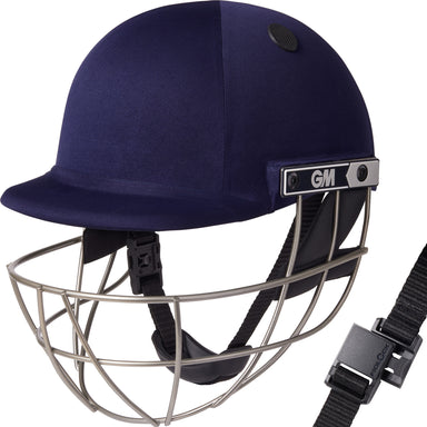 The Gunn & Moore Maestro Ti Cricket Helmet in navy offers elite protection with a titanium grille, metal face guard, adjustable black chin strap, and features the GM logo on the side.