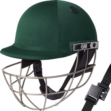 The Gunn & Moore Maestro Ti Cricket Helmet in green features a titanium grille, adjustable chin strap, and GM logo, delivering elite protection for cricketers.