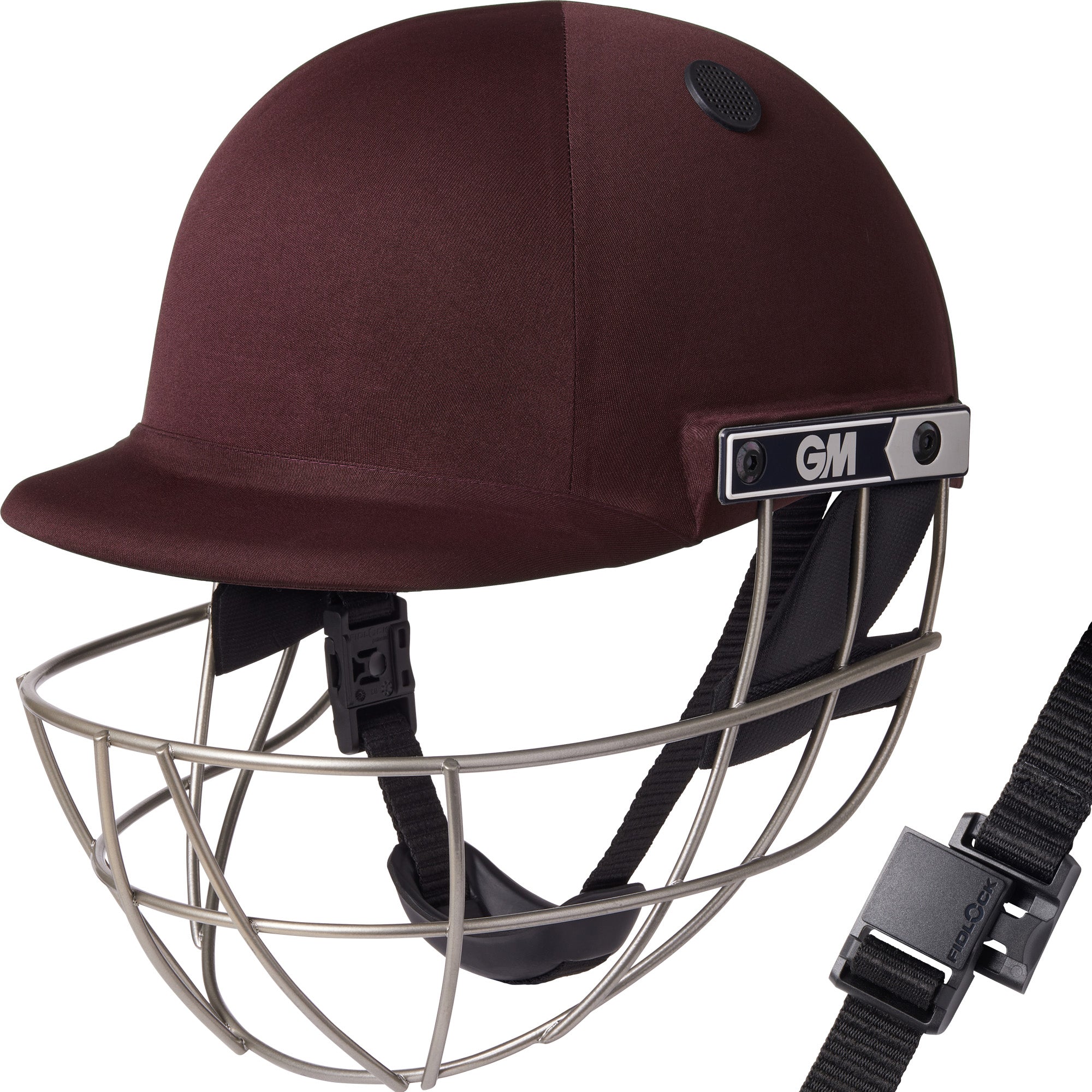 The Gunn & Moore Maestro Ti Cricket Helmet in maroon features a titanium grille, black adjustable straps, chin buckle, and the GM logo on the side—delivering elite protection for intense cricket matches.