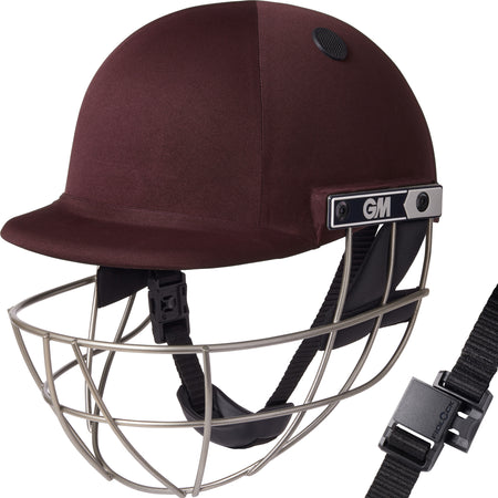 The Gunn & Moore Maestro Ti Cricket Helmet in maroon features a titanium grille, black adjustable straps, chin buckle, and the GM logo on the side—delivering elite protection for intense cricket matches.