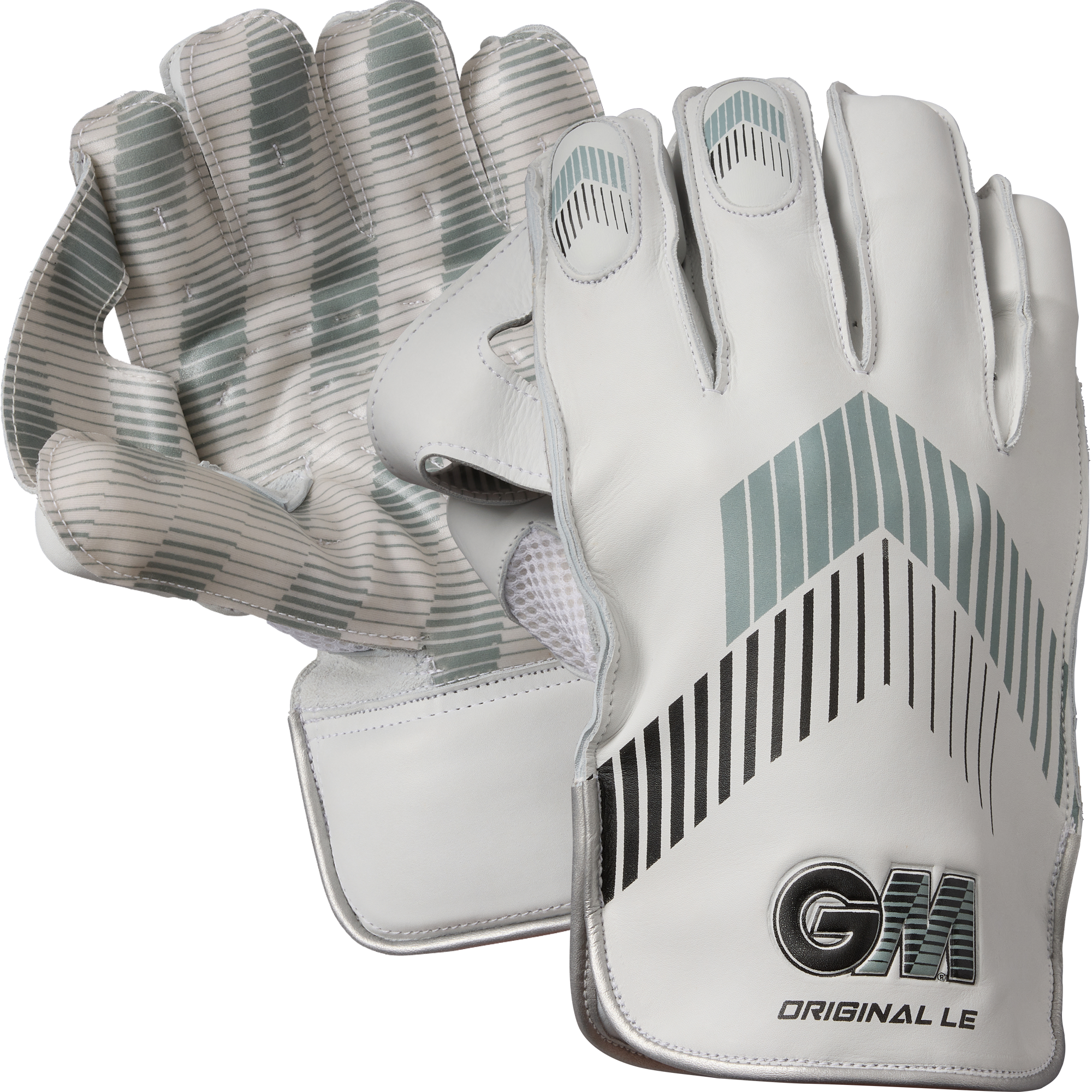 A pair of Gunn & Moore Original L.E Wicket Keeping Gloves 2026 in white with grey stripes and black GM branding on the wrist, offering high-impact protection, shown against a plain background.