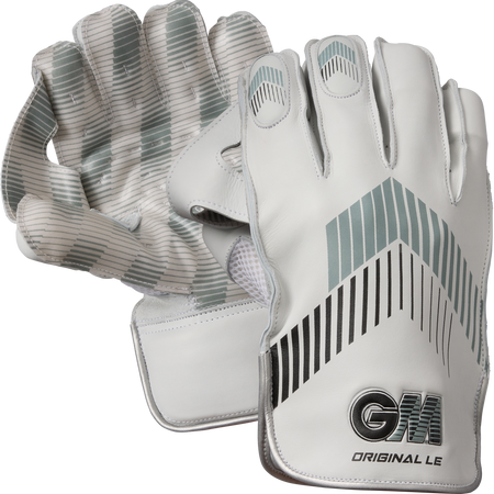 A pair of Gunn & Moore Original L.E Wicket Keeping Gloves 2026 in white with grey stripes and black GM branding on the wrist, offering high-impact protection, shown against a plain background.
