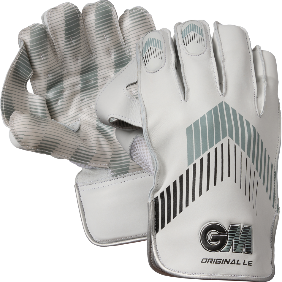 A pair of Gunn & Moore Original L.E Wicket Keeping Gloves 2026 in white with grey stripes and black GM branding on the wrist, offering high-impact protection, shown against a plain background.