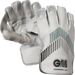 A pair of Gunn & Moore Original L.E Wicket Keeping Gloves 2026 in white with grey stripes and black GM branding on the wrist, offering high-impact protection, shown against a plain background.