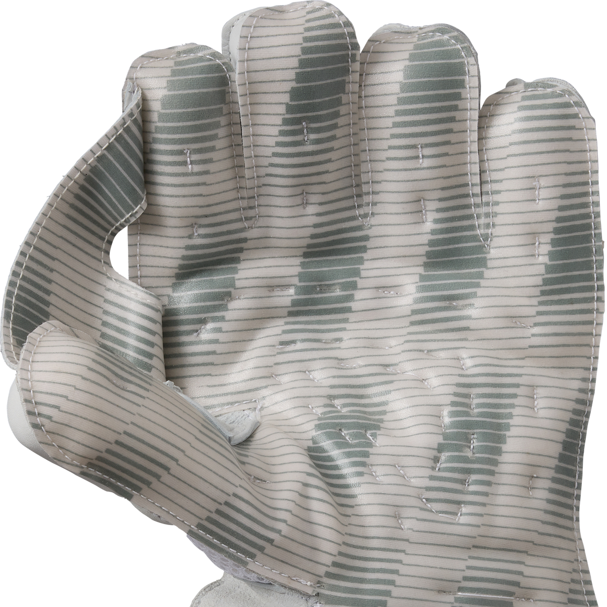 A close-up of Gunn & Moore Original L.E Wicket Keeping Gloves 2026 shows the palm side's stitching, textured grip, and high-impact protection, all in a stylish gray and white striped pattern by Gunn & Moore.