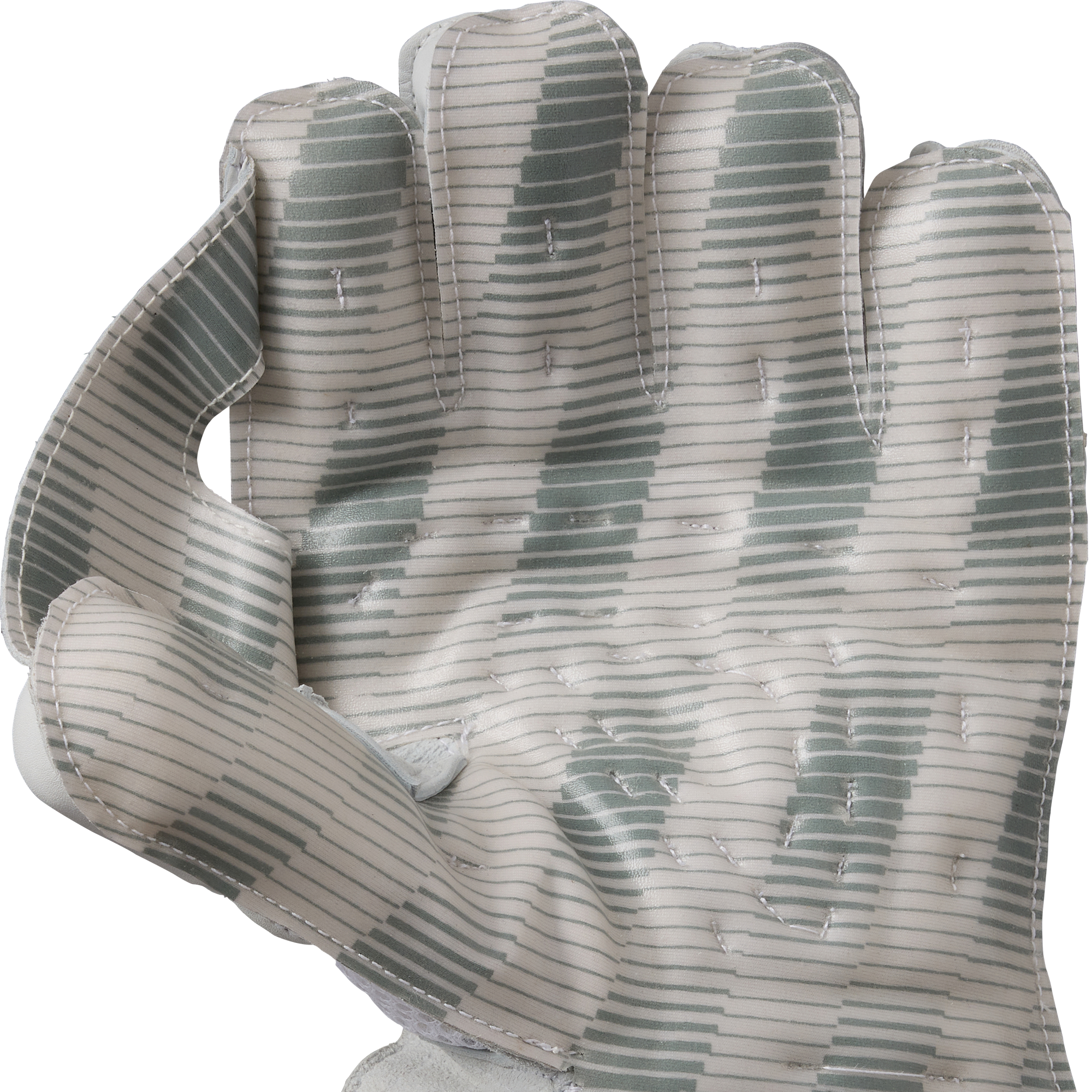 A close-up of Gunn & Moore Original L.E Wicket Keeping Gloves 2026 shows the palm side's stitching, textured grip, and high-impact protection, all in a stylish gray and white striped pattern by Gunn & Moore.
