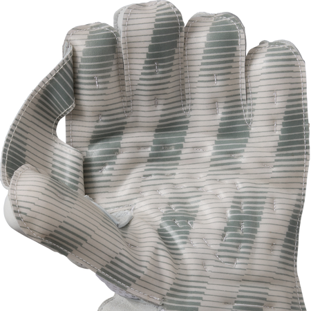 A close-up of Gunn & Moore Original L.E Wicket Keeping Gloves 2026 shows the palm side's stitching, textured grip, and high-impact protection, all in a stylish gray and white striped pattern by Gunn & Moore.
