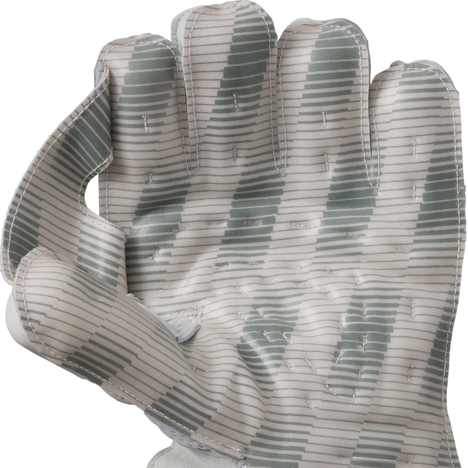 A close-up of Gunn & Moore Original L.E Wicket Keeping Gloves 2026 shows the palm side's stitching, textured grip, and high-impact protection, all in a stylish gray and white striped pattern by Gunn & Moore.