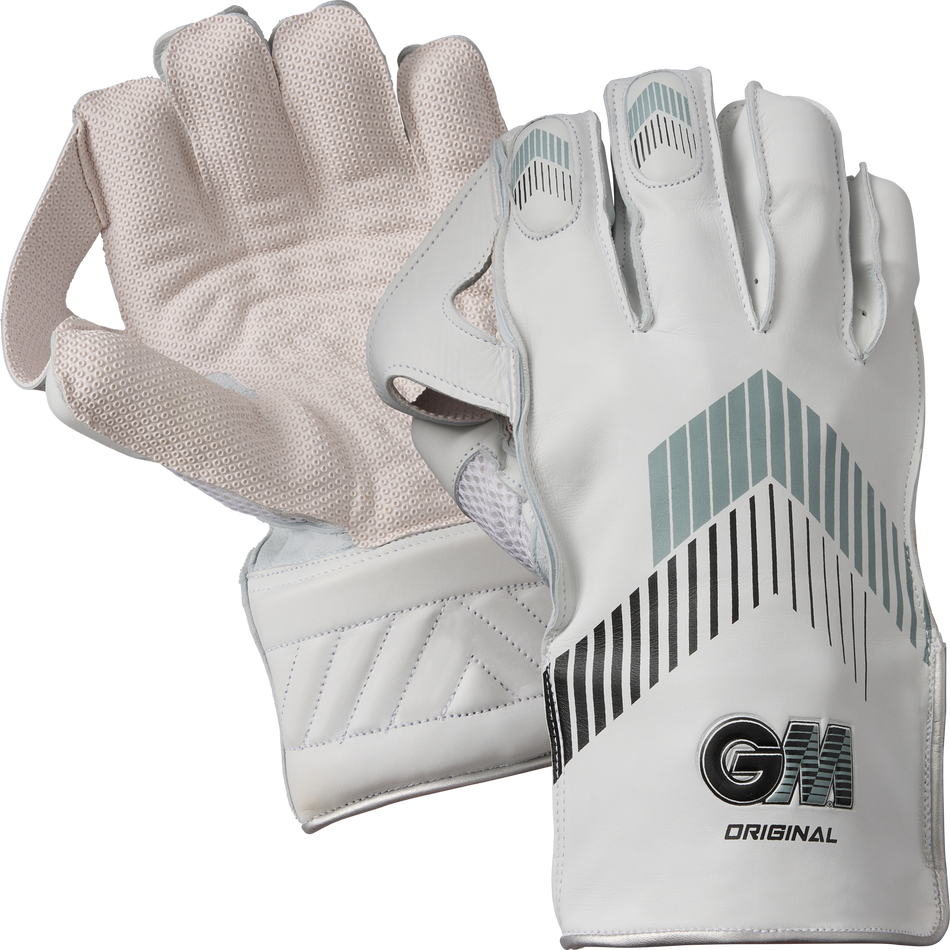 A pair of Gunn & Moore Original Wicket Keeping Gloves 2026, one showing a textured palm for pro grip, the other displaying the white back with black and gray stripes and the GM logo.