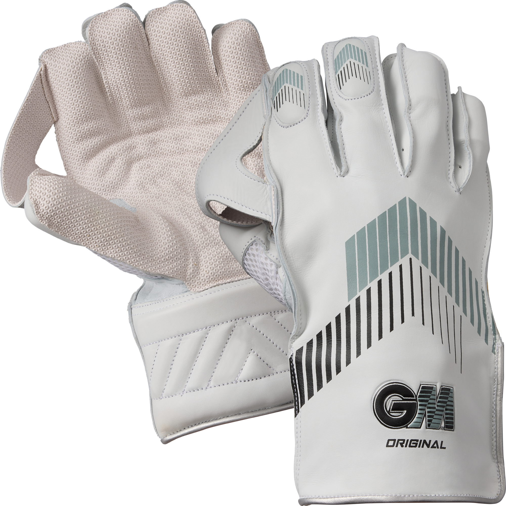 A pair of Gunn & Moore Original Wicket Keeping Gloves 2026, one showing a textured palm for pro grip, the other displaying the white back with black and gray stripes and the GM logo.