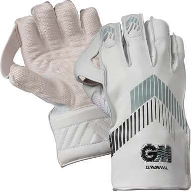 A pair of Gunn & Moore Original Wicket Keeping Gloves 2026, one showing a textured palm for pro grip, the other displaying the white back with black and gray stripes and the GM logo.