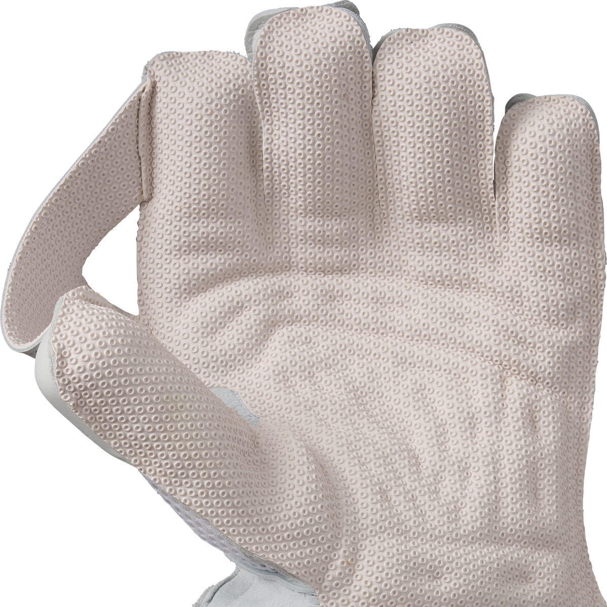 A close-up of Gunn & Moore Original Wicket Keeping Gloves 2026, featuring a textured, light-colored design with raised dots for high-impact protection, held open against a plain white background.