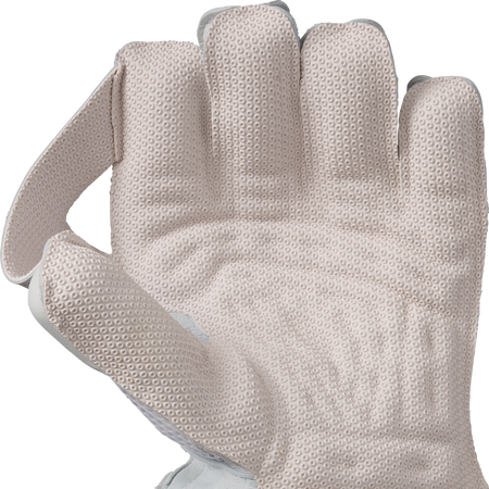 A close-up of Gunn & Moore Original Wicket Keeping Gloves 2026, featuring a textured, light-colored design with raised dots for high-impact protection, held open against a plain white background.