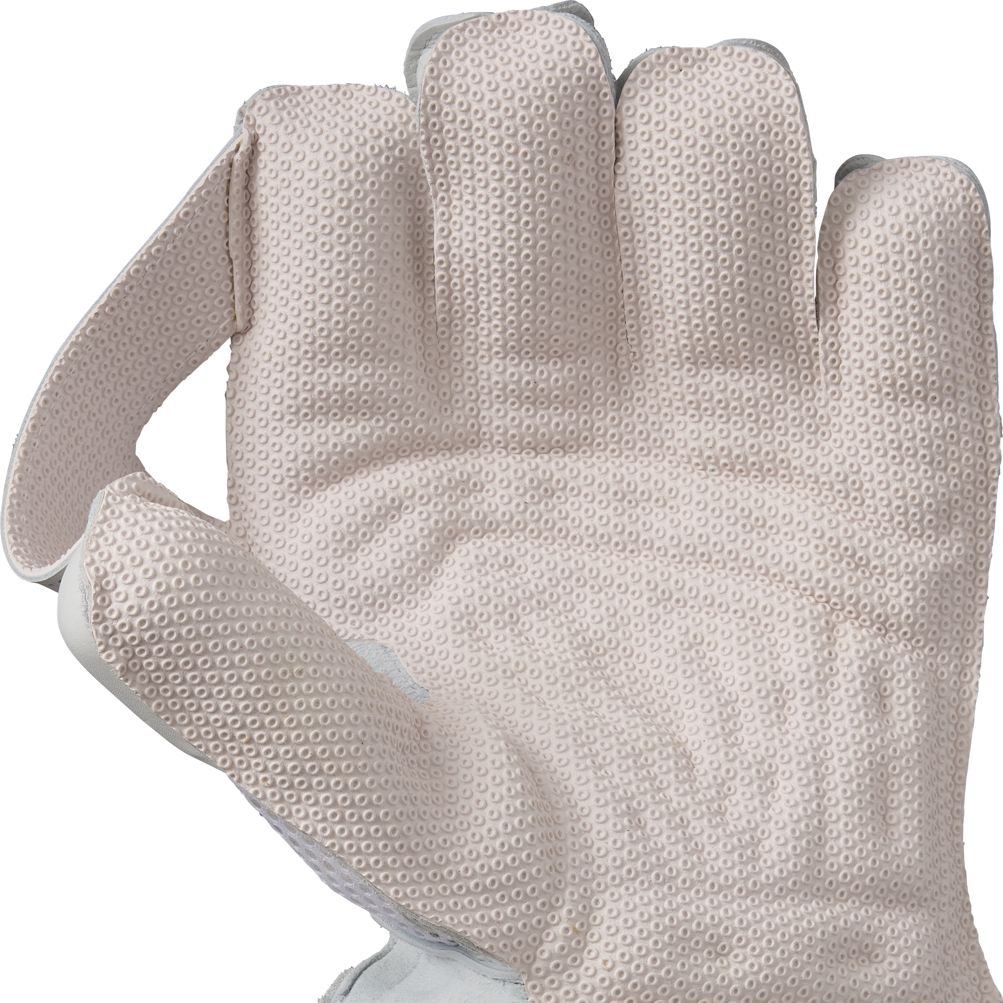 A close-up of Gunn & Moore Original Wicket Keeping Gloves 2026, featuring a textured, light-colored design with raised dots for high-impact protection, held open against a plain white background.