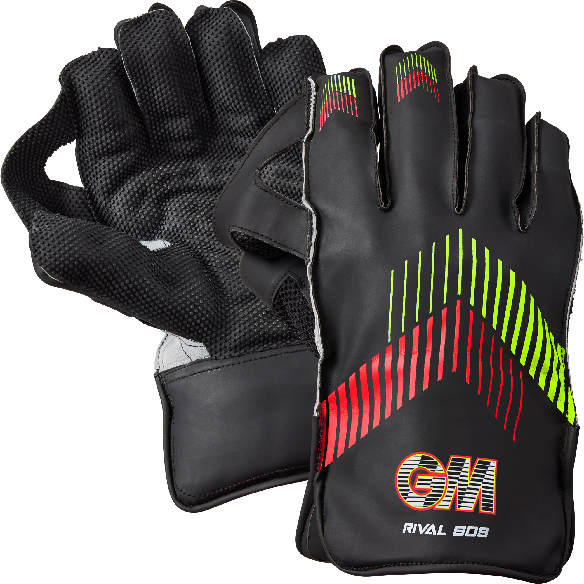 The Gunn & Moore Rival 909 Wicket Keeping Gloves 2026 feature black textured palms for superior grip, a padded cuff, and red/yellow-green stripes with “GM RIVAL 909” branding; one glove displays the palm, the other the back.