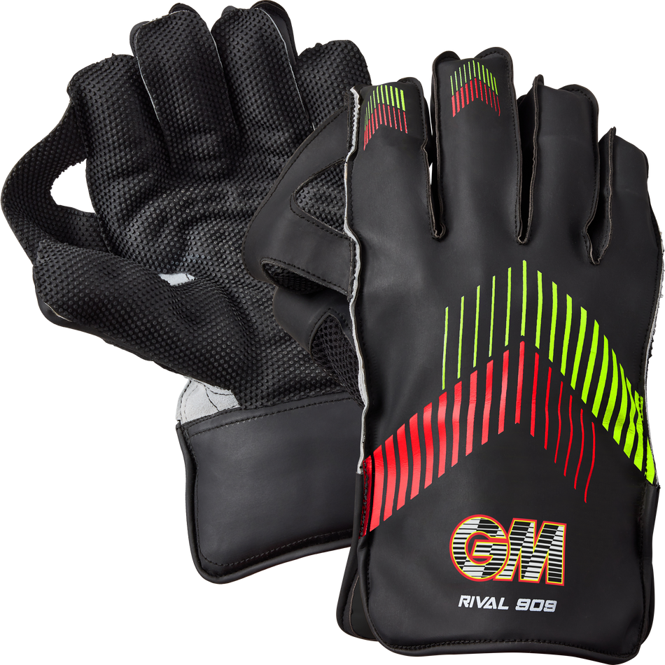 The Gunn & Moore Rival 909 Wicket Keeping Gloves 2026 feature black textured palms for superior grip, a padded cuff, and red/yellow-green stripes with “GM RIVAL 909” branding; one glove displays the palm, the other the back.